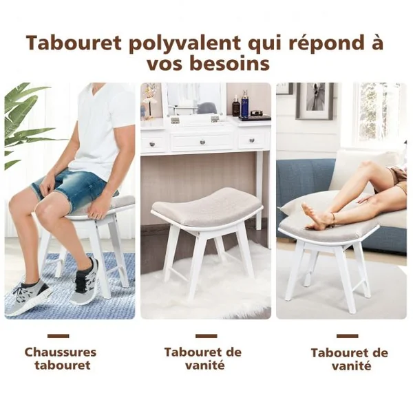 Tabouret Rembourré pour Coiffeuse Piano Repose-pieds Siège d’Appoint Capacité 150kg en Bois + Eponge 48x30x45cm Blanc