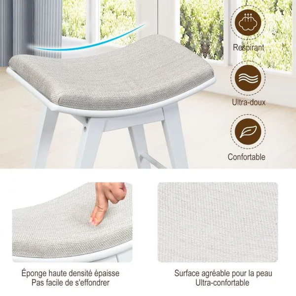 Tabouret Rembourré pour Coiffeuse Piano Repose-pieds Siège d’Appoint Capacité 150kg en Bois + Eponge 48x30x45cm Blanc