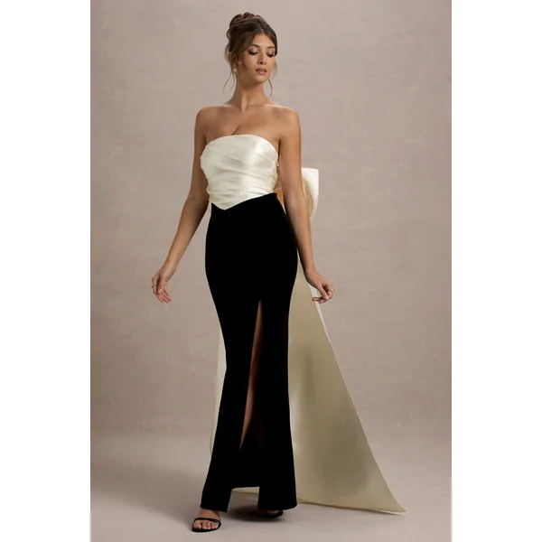 Take A Bow | Robe longue bustier en velours noir et crème avec un nœud oversize