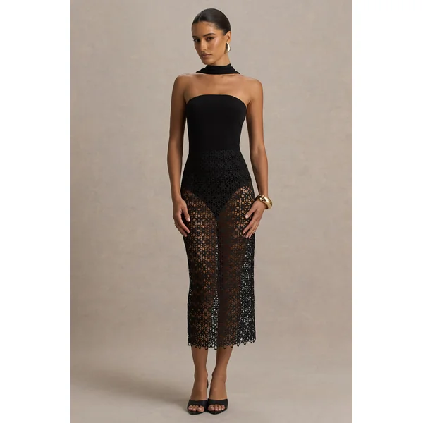 Tamala | Robe mi-longue noire à col montant avec jupe en dentelle