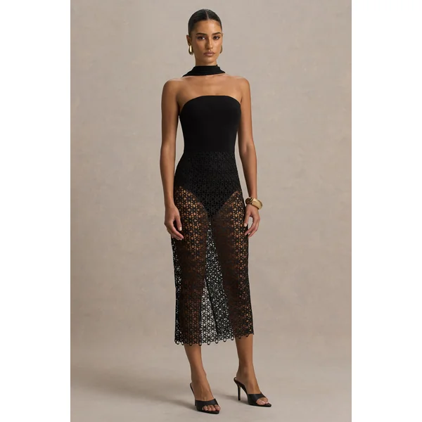 Tamala | Robe mi-longue noire à col montant avec jupe en dentelle