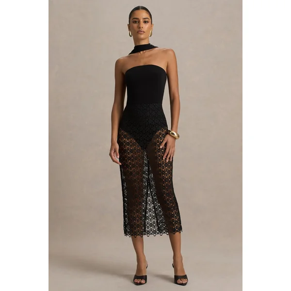 Tamala | Robe mi-longue noire à col montant avec jupe en dentelle