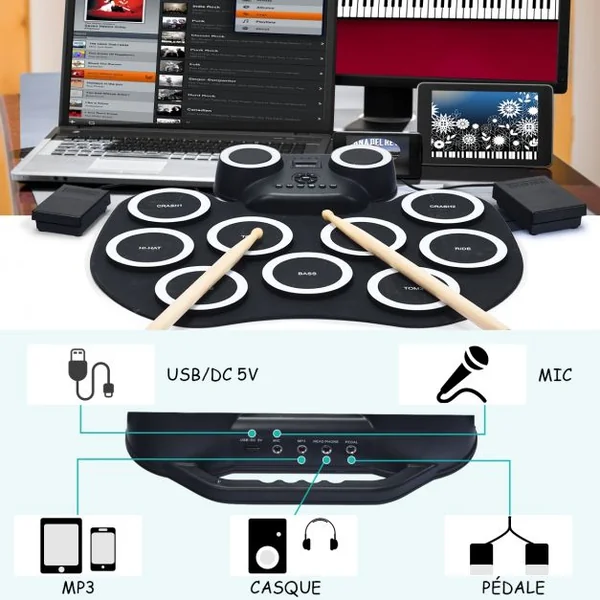 Tambour Electronique Portable 9 Pads de Batterie avec Lumières LED 2 Haut-parleurs 2 Baguettes en Bois Pédales Bluetooth