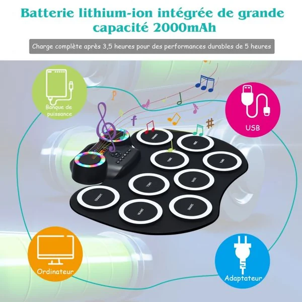 Tambour Electronique Portable 9 Pads de Batterie avec Lumières LED 2 Haut-parleurs 2 Baguettes en Bois Pédales Bluetooth