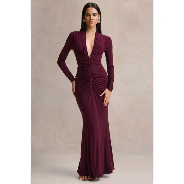 Tami | Robe longue prune à manches longues et décolleté plongeant