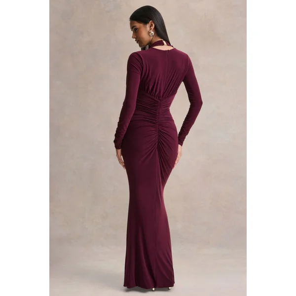 Tami | Robe longue prune à manches longues et décolleté plongeant