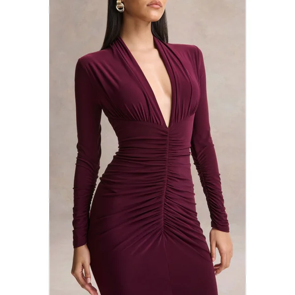 Tami | Robe longue prune à manches longues et décolleté plongeant