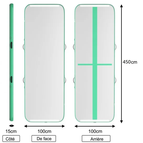 Tapis de Gymnastique Gonflable 450 x 100 x 15 cm avec Pompe de Gonflage Electrique 220-240V 500W Vert