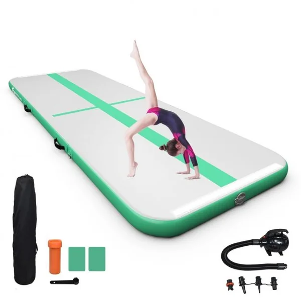 Tapis de Gymnastique Gonflable 450 x 100 x 15 cm avec Pompe de Gonflage Electrique 220-240V 500W Vert