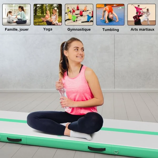Tapis de Gymnastique Gonflable 450 x 100 x 15 cm avec Pompe de Gonflage Electrique 220-240V 500W Vert