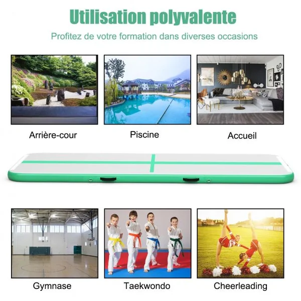 Tapis de Gymnastique Gonflable 450 x 100 x 15 cm avec Pompe de Gonflage Electrique 220-240V 500W Vert