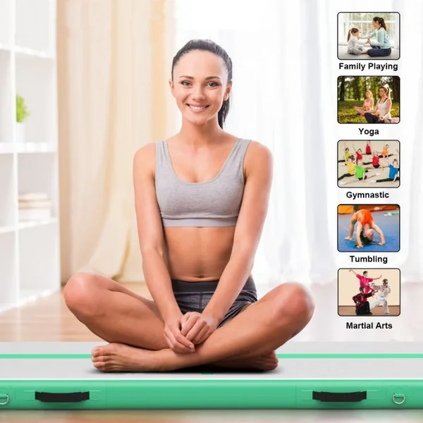 Tapis de Gymnastique Gonflable 450 x 100 x 15 cm avec Pompe de Gonflage Electrique 220-240V 500W Vert