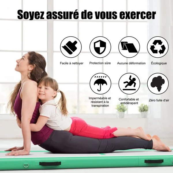 Tapis de Gymnastique Gonflable 450 x 100 x 15 cm avec Pompe de Gonflage Electrique 220-240V 500W Vert