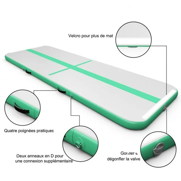 Tapis de Gymnastique Gonflable 450 x 100 x 15 cm avec Pompe de Gonflage Electrique 220-240V 500W Vert