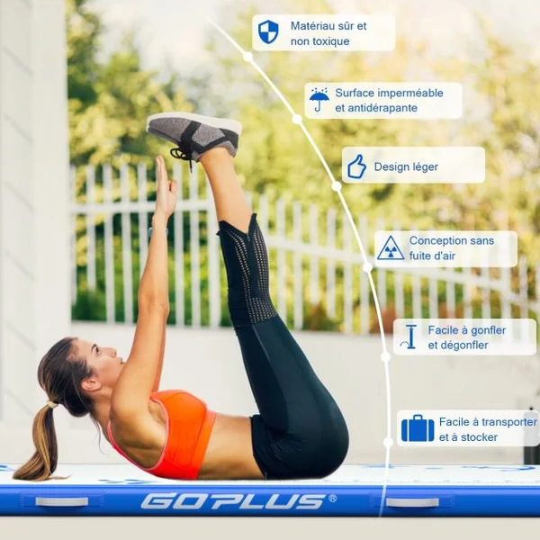 Tapis de Gymnastique Gonflable avec Pompe Électrique Antidérapant Kit de Réparation Capacité 120kg 300x100x10cm Bleu
