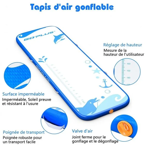 Tapis de Gymnastique Gonflable avec Pompe Électrique Antidérapant Kit de Réparation Capacité 120kg 300x100x10cm Bleu