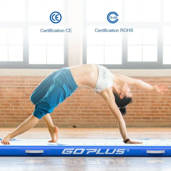 Tapis de Gymnastique Gonflable avec Pompe Électrique Antidérapant Kit de Réparation Capacité 120kg 300x100x10cm Bleu