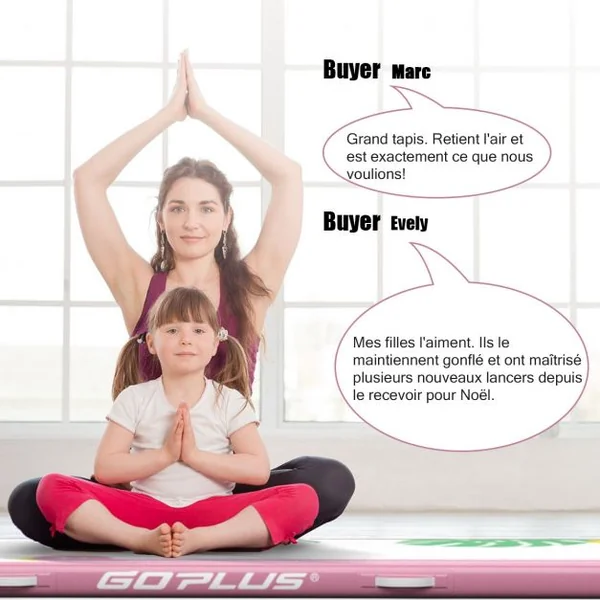 Tapis de Gymnastique Gonflable avec Pompe Électrique Antidérapant Kit de Réparation Capacité 120kg 300x100x10cm Rose