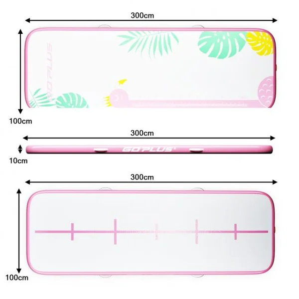 Tapis de Gymnastique Gonflable avec Pompe Électrique Antidérapant Kit de Réparation Capacité 120kg 300x100x10cm Rose