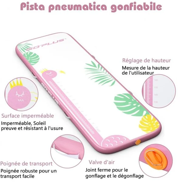 Tapis de Gymnastique Gonflable avec Pompe Électrique Antidérapant Kit de Réparation Capacité 120kg 300x100x10cm Rose