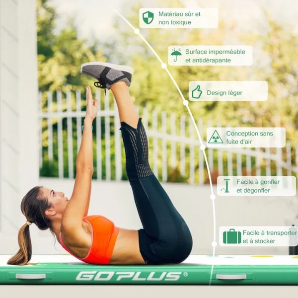 Tapis de Gymnastique Gonflable avec Pompe Électrique Antidérapant Kit de Réparation Capacité 120kg 300x100x10cm Vert