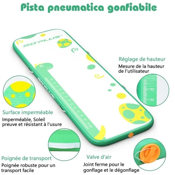 Tapis de Gymnastique Gonflable avec Pompe Électrique Antidérapant Kit de Réparation Capacité 120kg 300x100x10cm Vert