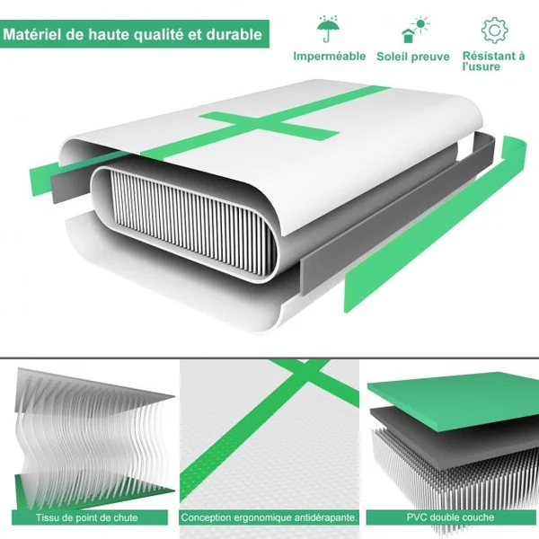 Tapis de Gymnastique Gonflable avec Pompe Électrique Antidérapant Kit de Réparation Capacité 120kg 300x100x10cm Vert
