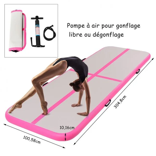Tapis de gymnastique gonflable Tapis de yoga gonflable avec Pompe à air anneau et poignée 305x100x10cm Bleu