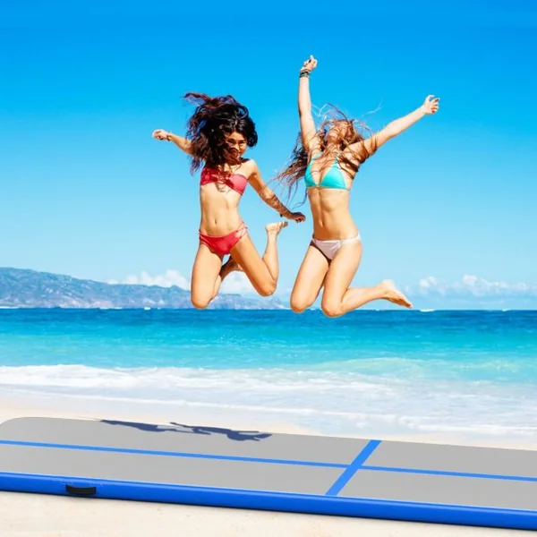 Tapis de Gymnastique Gonflable Tapis de Yoga Gonflable avec Pompe à Air Anneau et Poignée 400x100x10cm Bleu