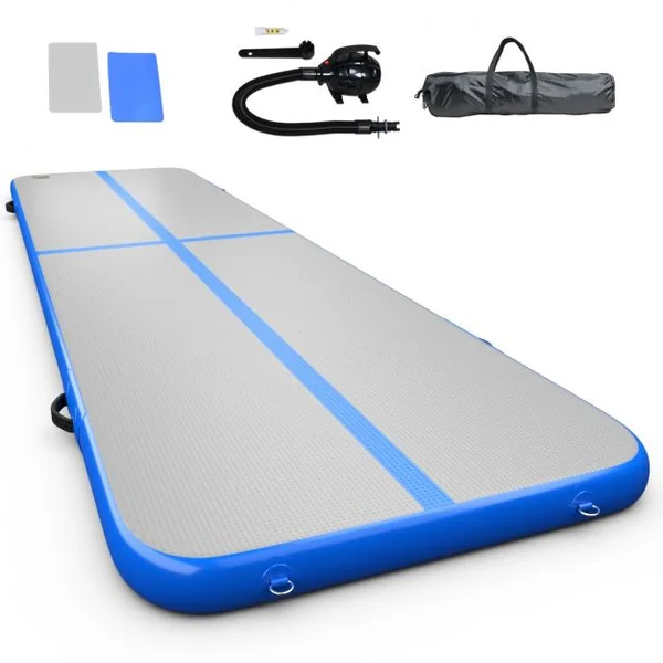 Tapis de Gymnastique Gonflable Tapis de Yoga Gonflable avec Pompe à Air Anneau et Poignée 400x100x10cm Bleu