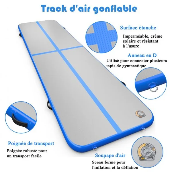 Tapis de Gymnastique Gonflable Tapis de Yoga Gonflable avec Pompe à Air Anneau et Poignée 400x100x10cm Bleu