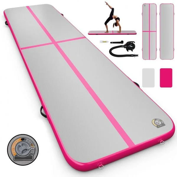 Tapis de Gymnastique Gonflable Tapis de Yoga Gonflable avec Pompe à Air Anneau et Poignée 400x100x10cm Rose