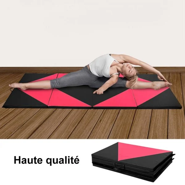 Tapis de Gymnastique Pliable Matelas de Fitness Portable en Coton Perlé Epe et Cuir Pu 240x12 X5cm Rose et Noir