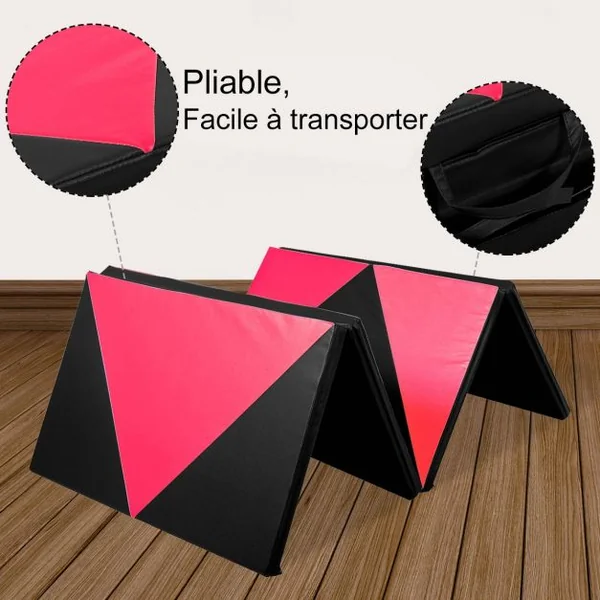 Tapis de Gymnastique Pliable Matelas de Fitness Portable en Coton Perlé Epe et Cuir Pu 240x12 X5cm Rose et Noir