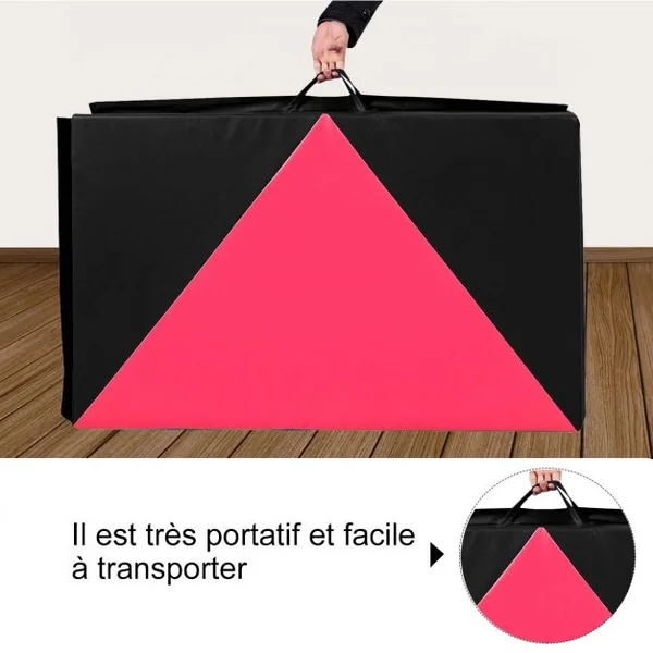 Tapis de Gymnastique Pliable Matelas de Fitness Portable en Coton Perlé Epe et Cuir Pu 240x12 X5cm Rose et Noir