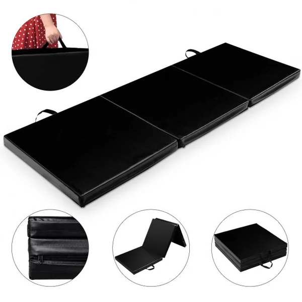 Tapis de Gymnastique Pliable Matelas de Fitness Portable Natte de Gym pour Yoga, en coton et cuir PU, 180x60x5 cm, Noir