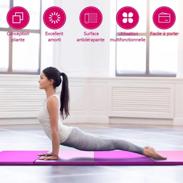 Tapis de Gymnastique Pliable Tapis de Yoga Portable avec 2 Poignées de Transport et Velcro 240x120x5CM
