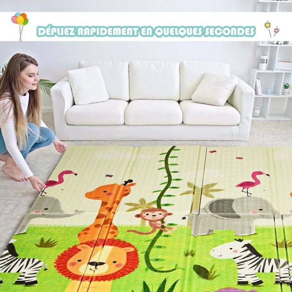 Tapis de Jeu pour Bébé Pliable 200 x 180 x 1,4CM avec l'Image Singe et Poney en Mousse XPE Non Toxique