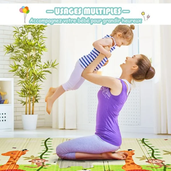 Tapis de Jeu pour Bébé Pliable 200 x 180 x 1,4CM avec l'Image Singe et Poney en Mousse XPE Non Toxique
