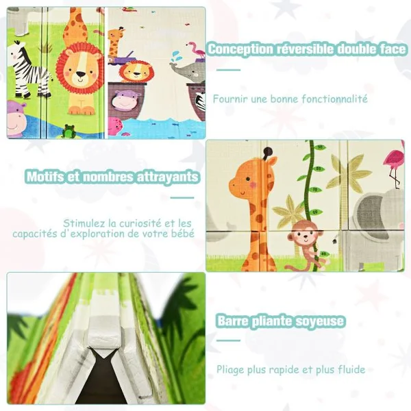 Tapis de Jeu pour Bébé Pliable 200 x 180 x 1,4CM avec l'Image Singe et Poney en Mousse XPE Non Toxique