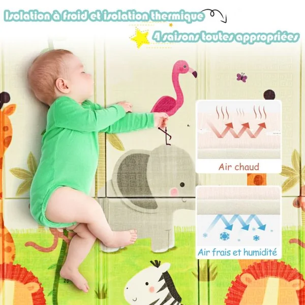 Tapis de Jeu pour Bébé Pliable 200 x 180 x 1,4CM avec l'Image Singe et Poney en Mousse XPE Non Toxique