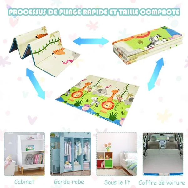 Tapis de Jeu pour Bébé Pliable 200 x 180 x 1,4CM avec l'Image Singe et Poney en Mousse XPE Non Toxique