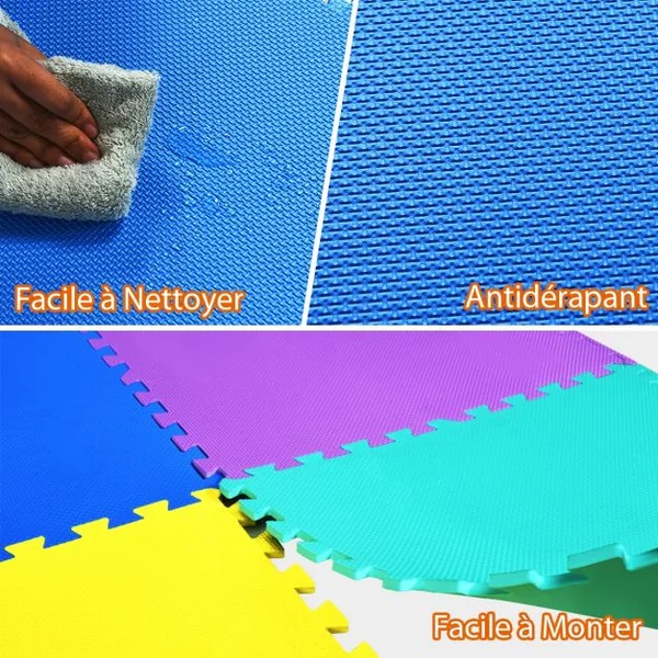 Tapis de Jeu Tapis Puzzle en Mousse EVA Résistante pour Enfants 12 Pièces Carrées Combinables 61x61x1cm Multicolore
