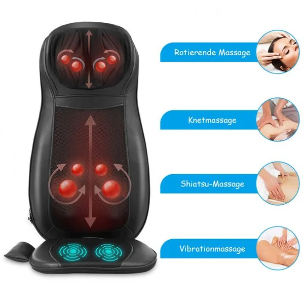 Tapis de massage avec 8 boules rotatives 3D têtes de massage chaleur infrarouge 3 puissances adaptateur secteur / voiture