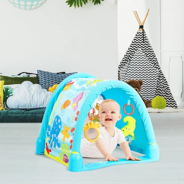 Tapis D'éveil Multifonction Tapis de Jeu Modulable pour Enfants de 6 à 12 Mois 3 Jouets en Twill+pp 112x53x45cm Bleu