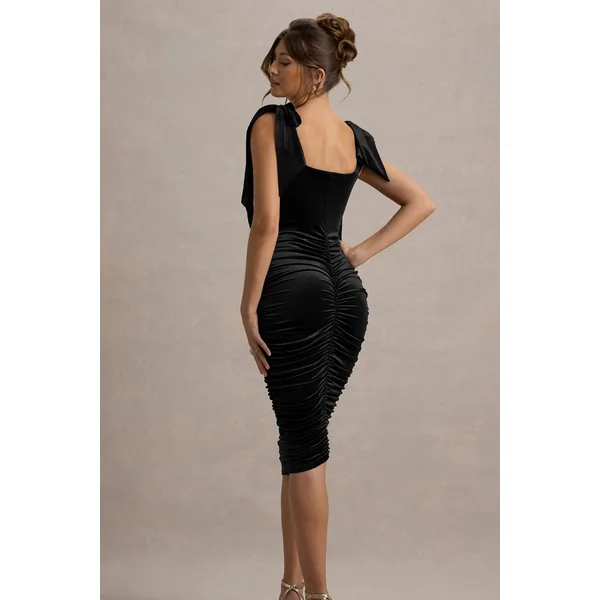 Tarna | Robe mi-longue en velours noir avec noeud sur les bretelles