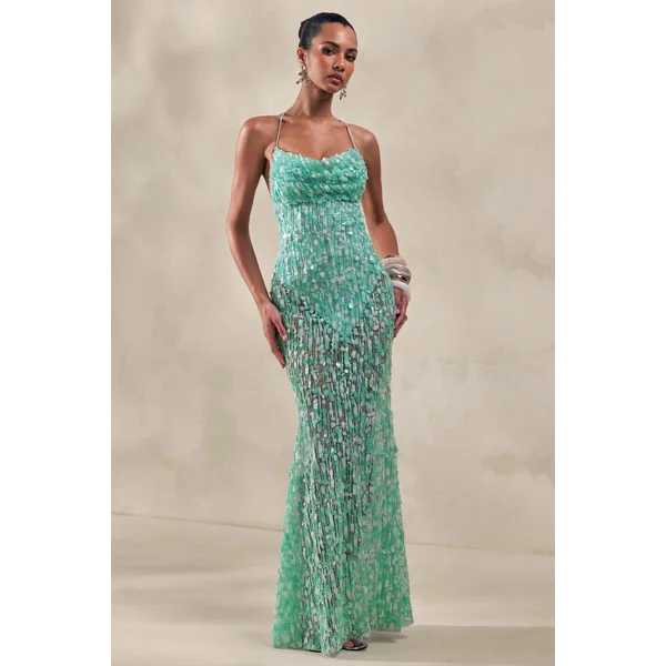Taryn | Robe longue turquoise à sequins avec encolure drapée et jupe transparente