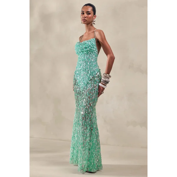 Taryn | Robe longue turquoise à sequins avec encolure drapée et jupe transparente
