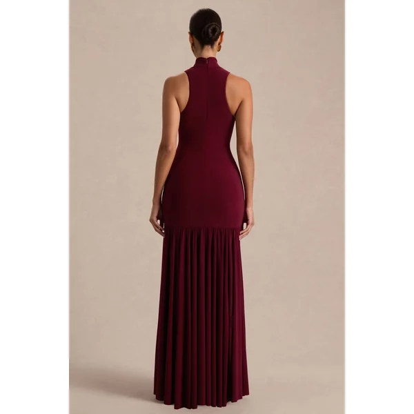 Tasmin | Robe longue bordeaux à col montant et taille basse