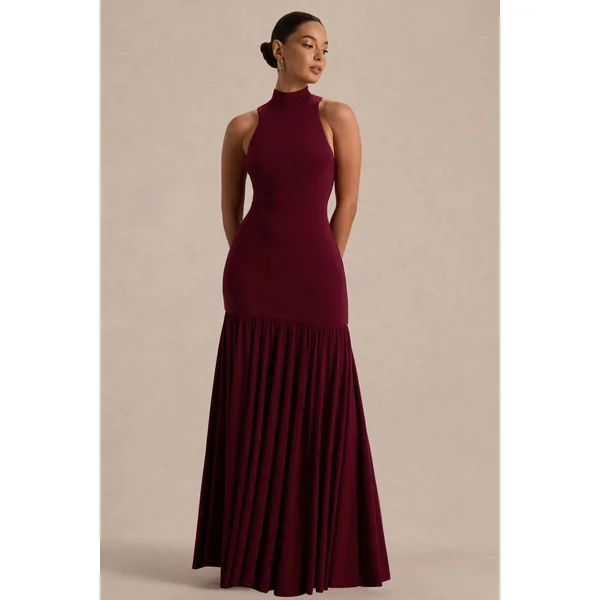 Tasmin | Robe longue bordeaux à col montant et taille basse